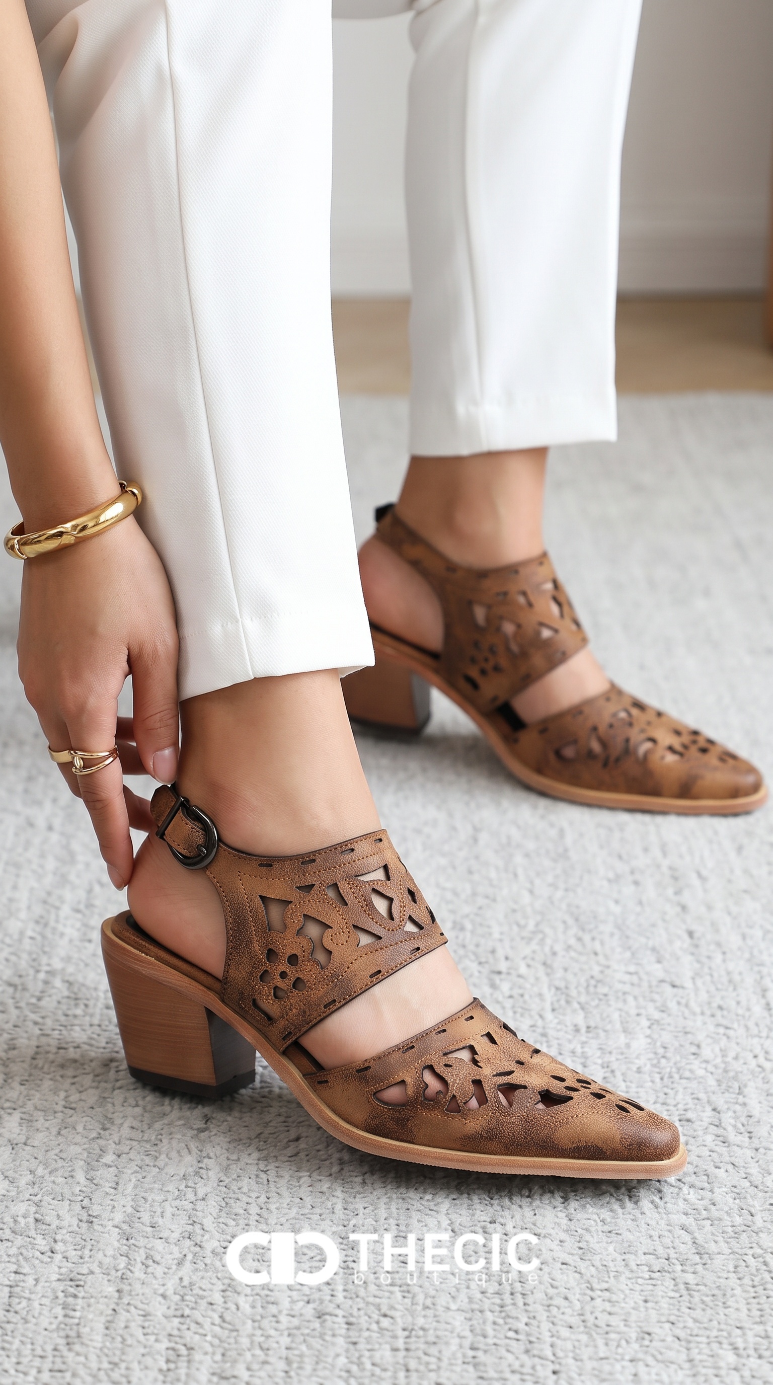 Laser Cut Slingback Pointed Toe Block Heel Sandals