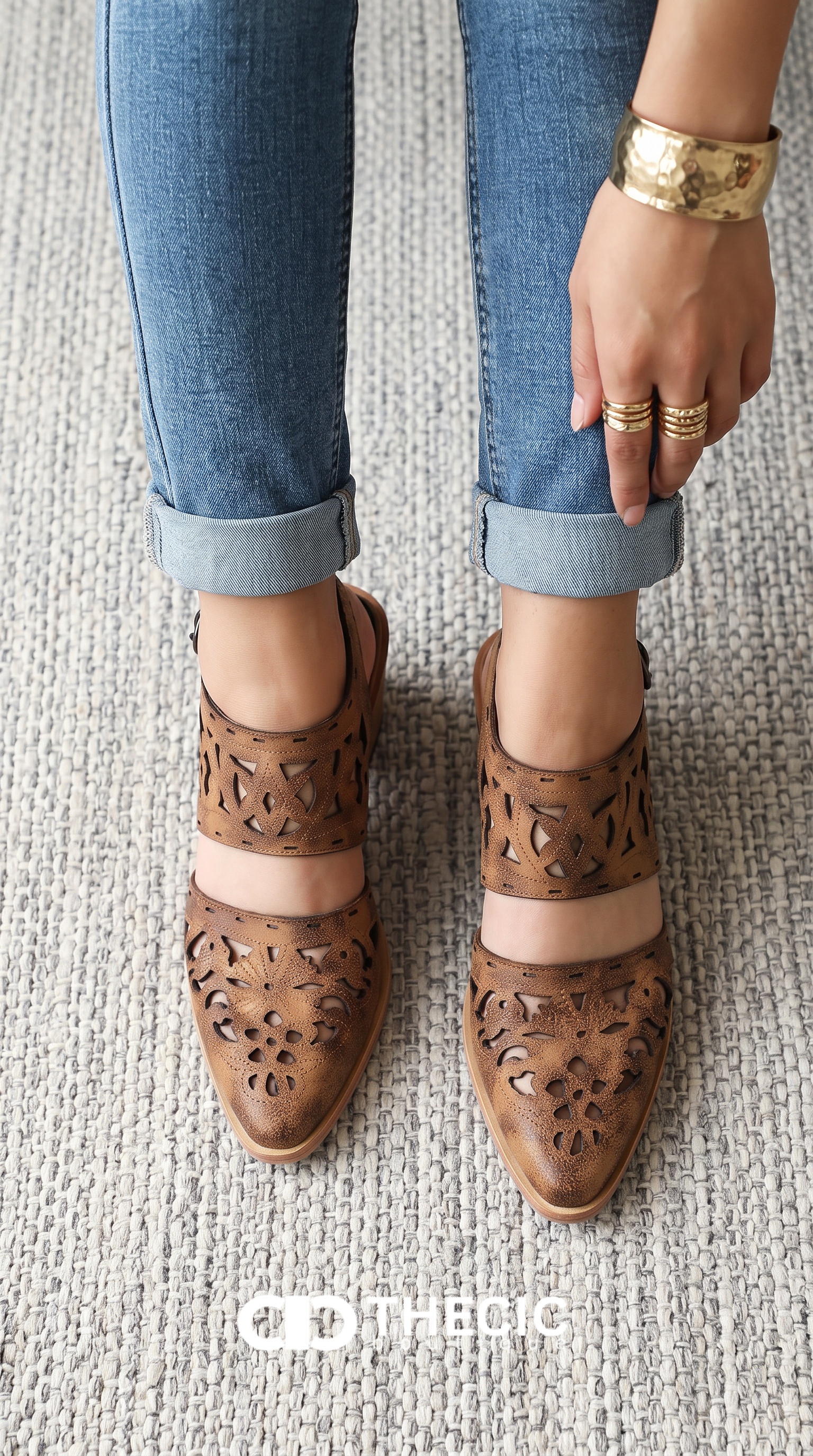 Laser Cut Slingback Pointed Toe Block Heel Sandals