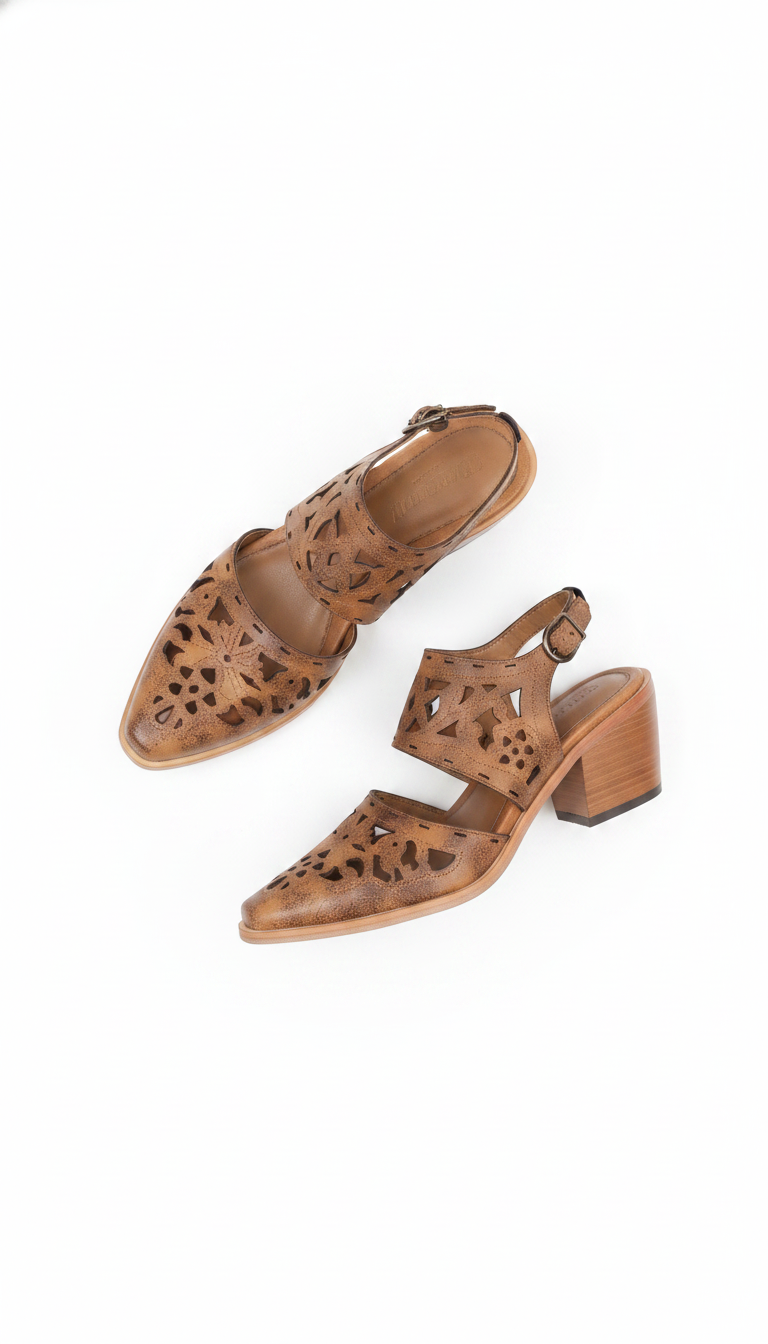 Laser Cut Slingback Pointed Toe Block Heel Sandals