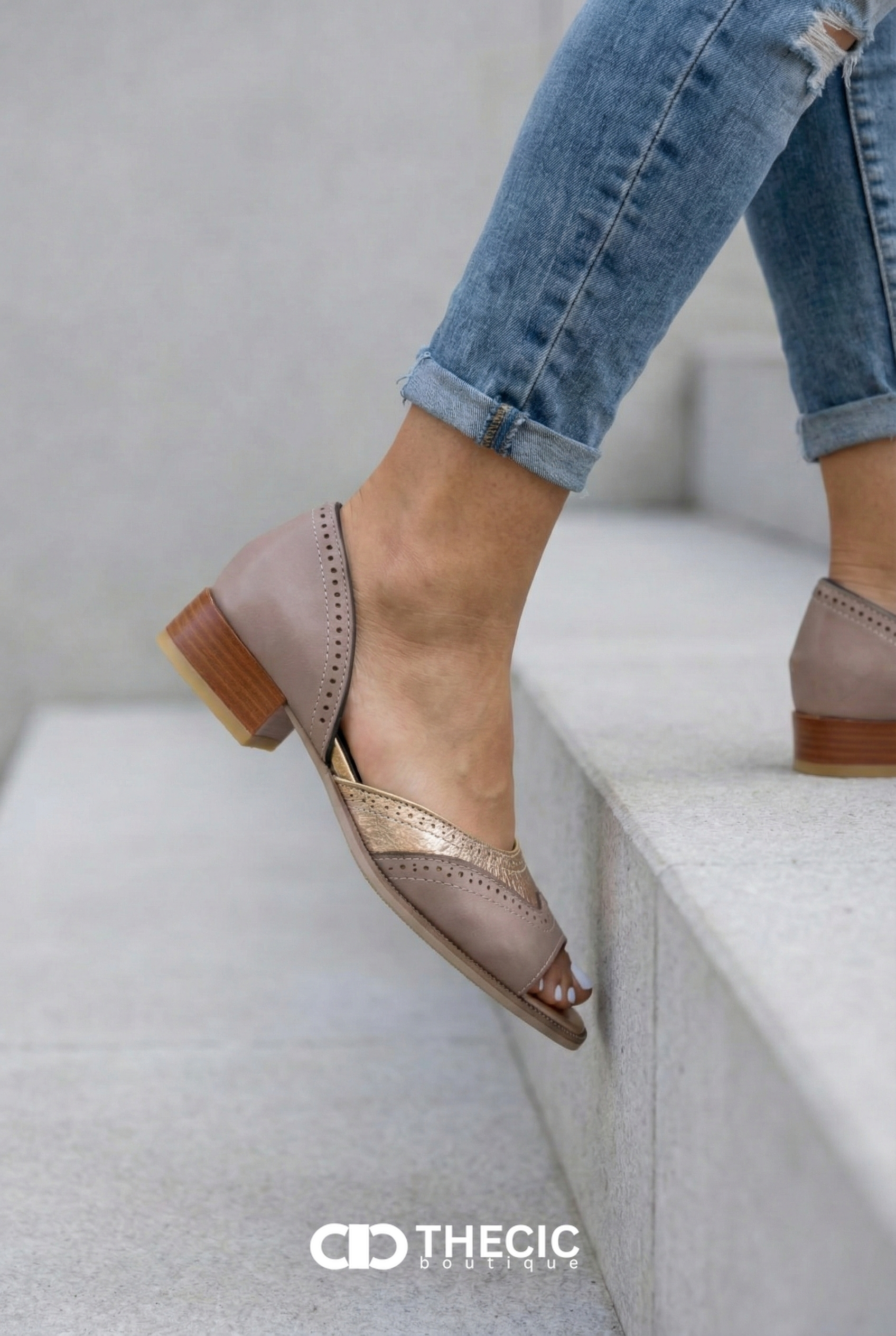Leather Brogue Open-Toe Block Heel Mules