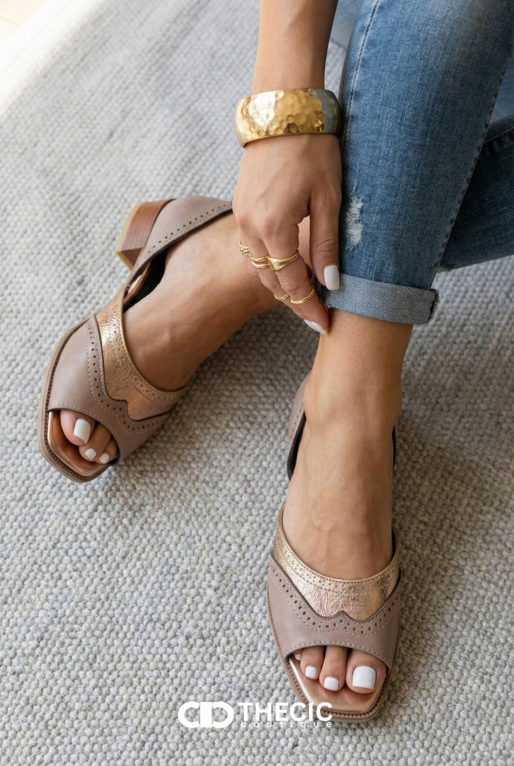 Leather Brogue Open-Toe Block Heel Mules