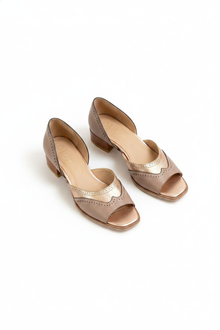 Leather Brogue Open-Toe Block Heel Mules