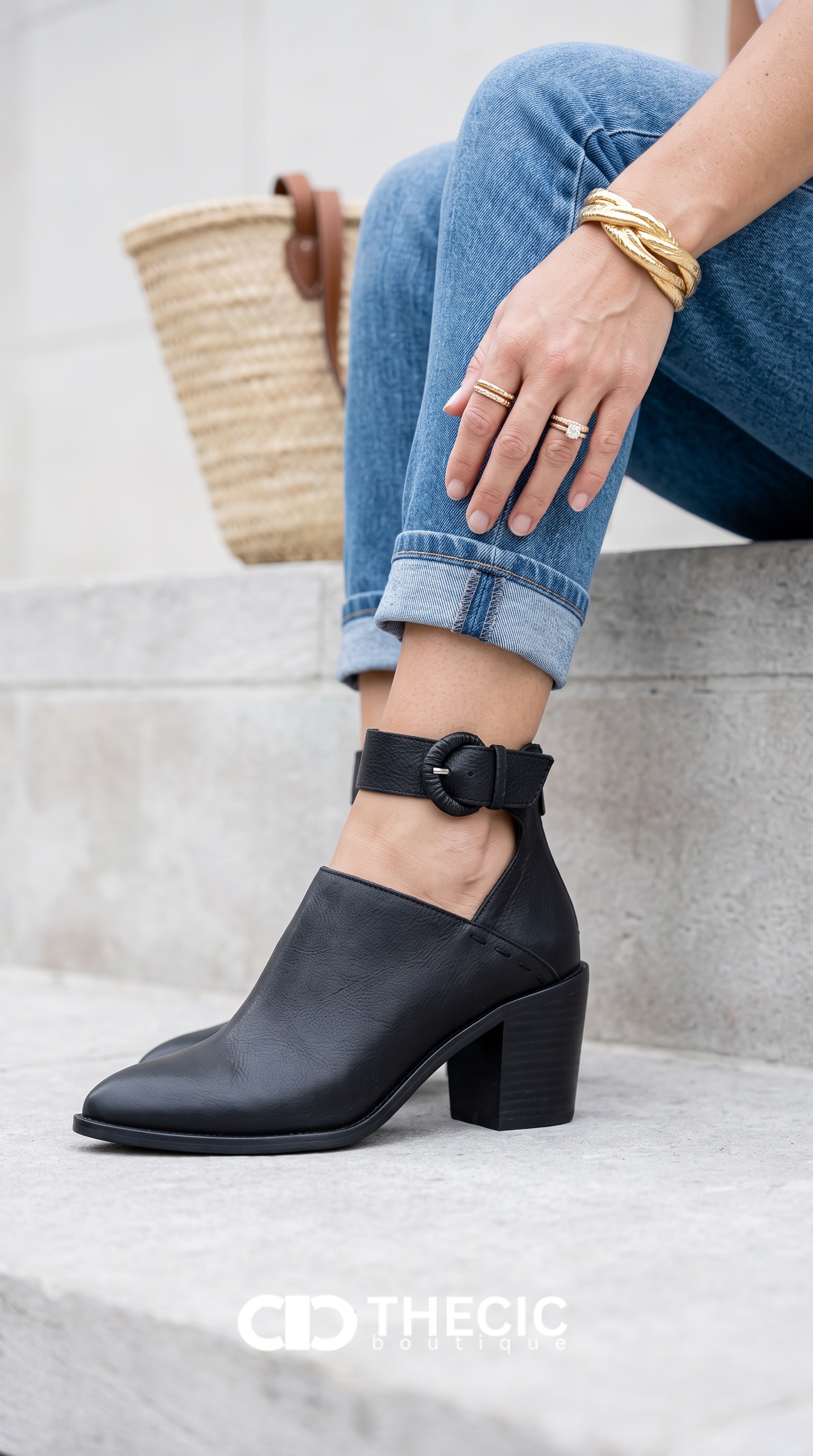 Leather Cutout Ankle Strap Block Heel Booties