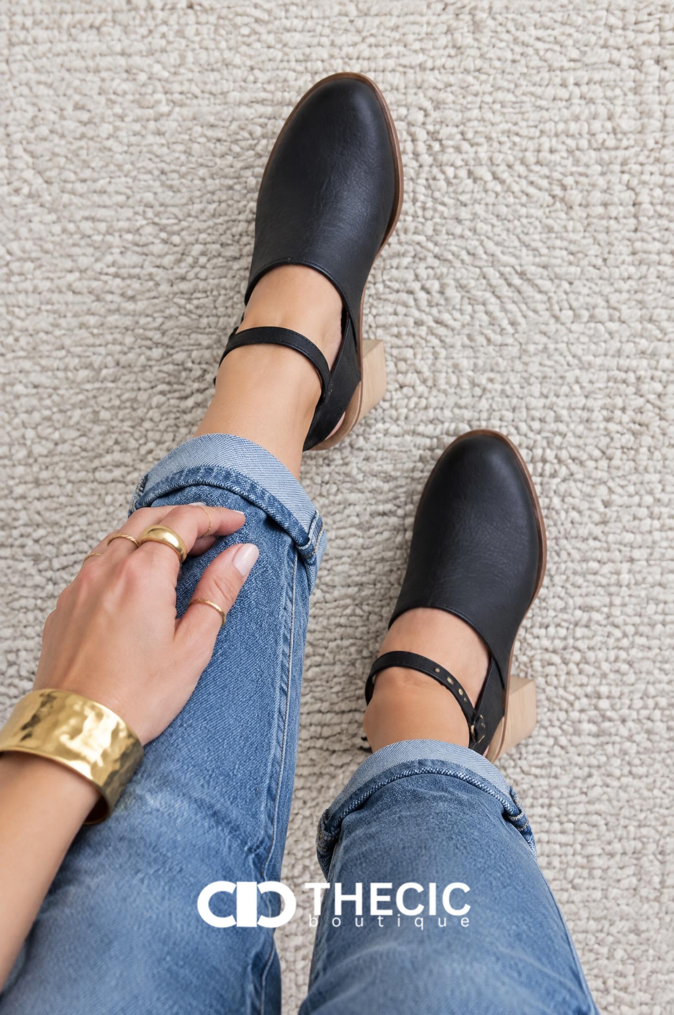 Faux Leather Ankle Strap Block Heel Mules