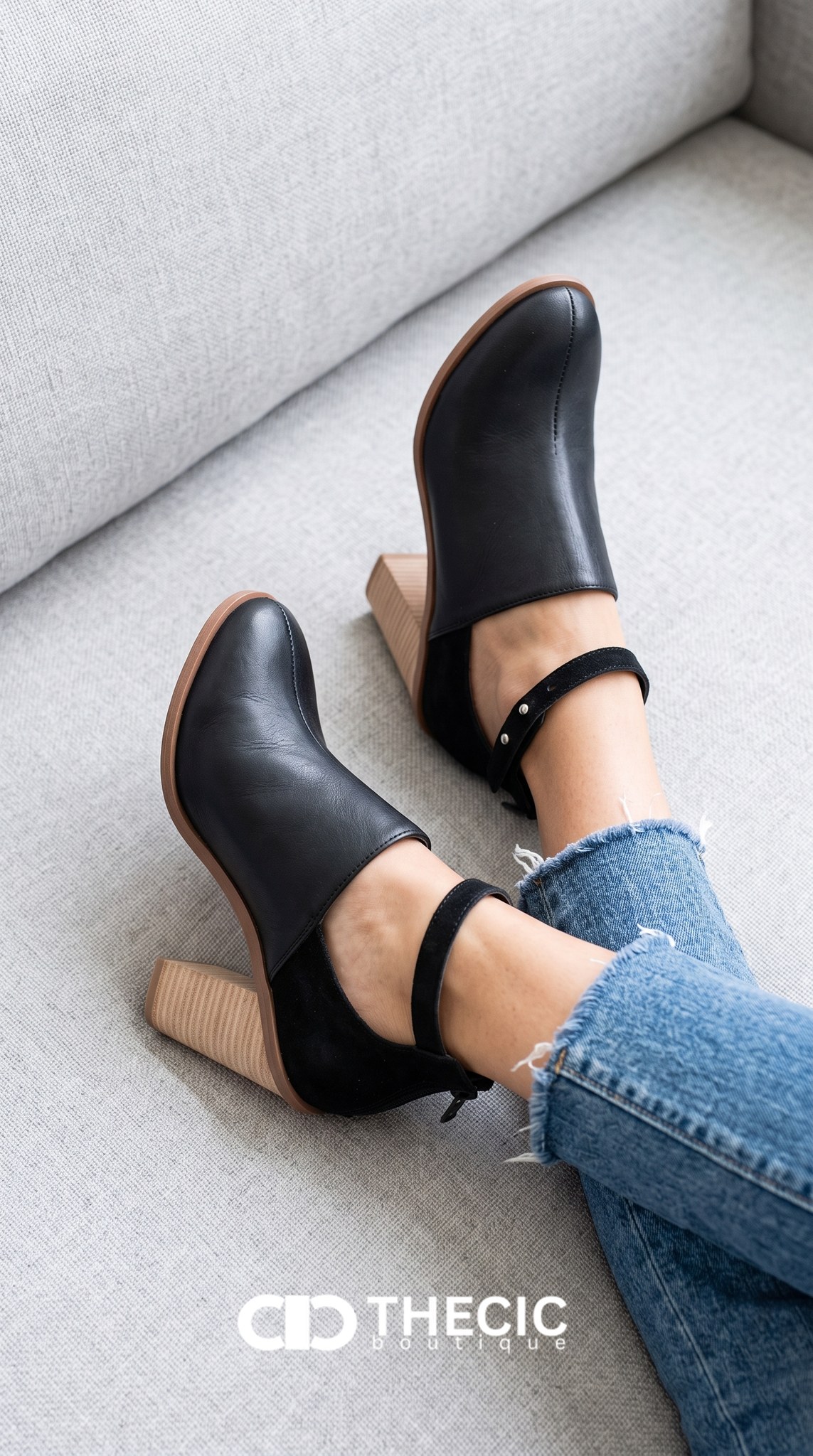 Faux Leather Ankle Strap Block Heel Mules