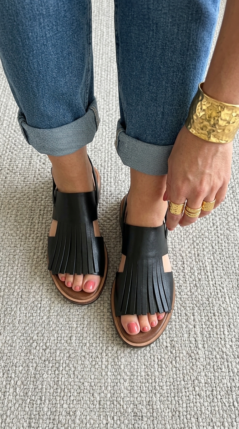 Leather Fringe Open-Toe Flat Sandals