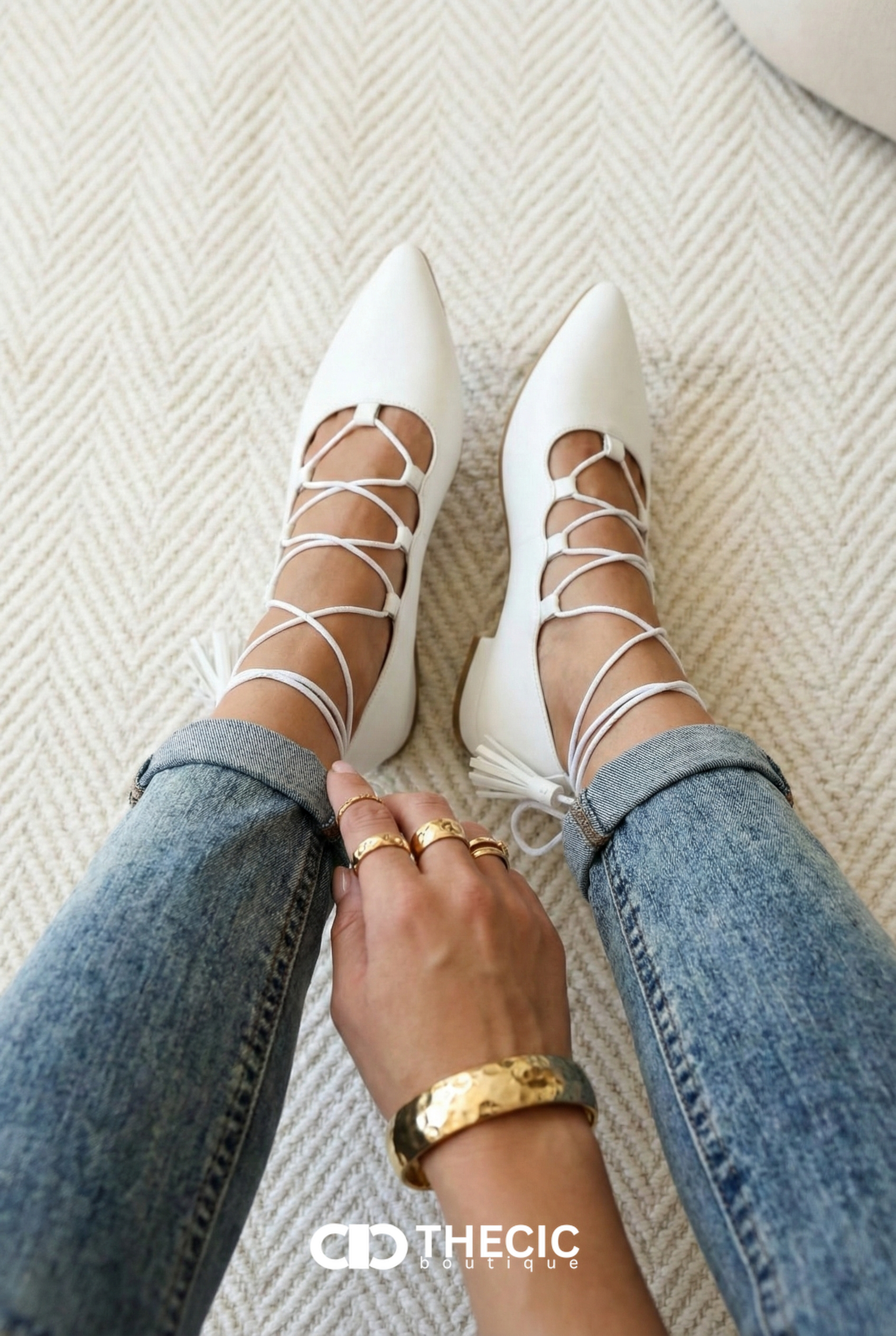 Leather Pointed-Toe Lace-Up Ballet Flats
