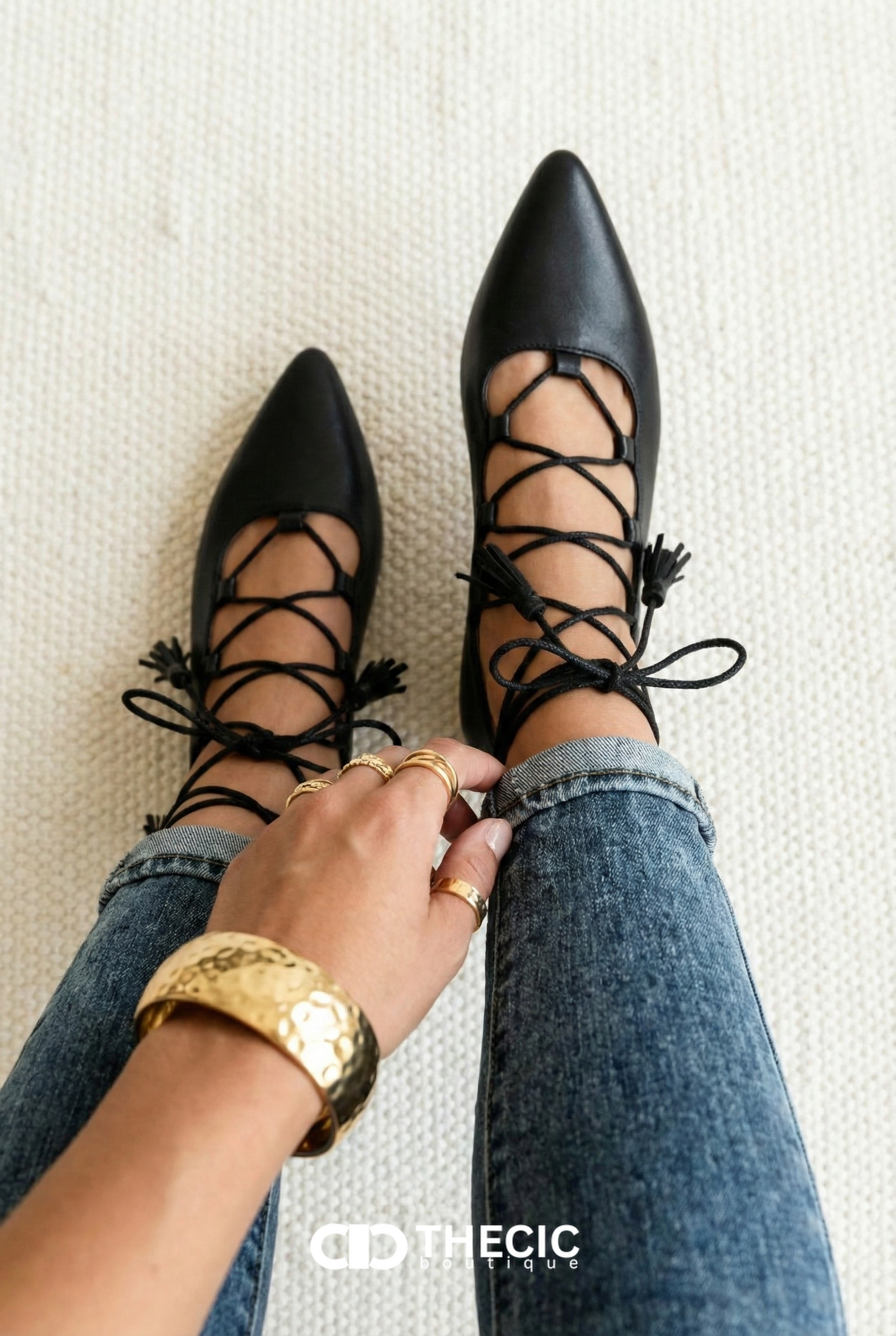 Leather Pointed-Toe Lace-Up Ballet Flats