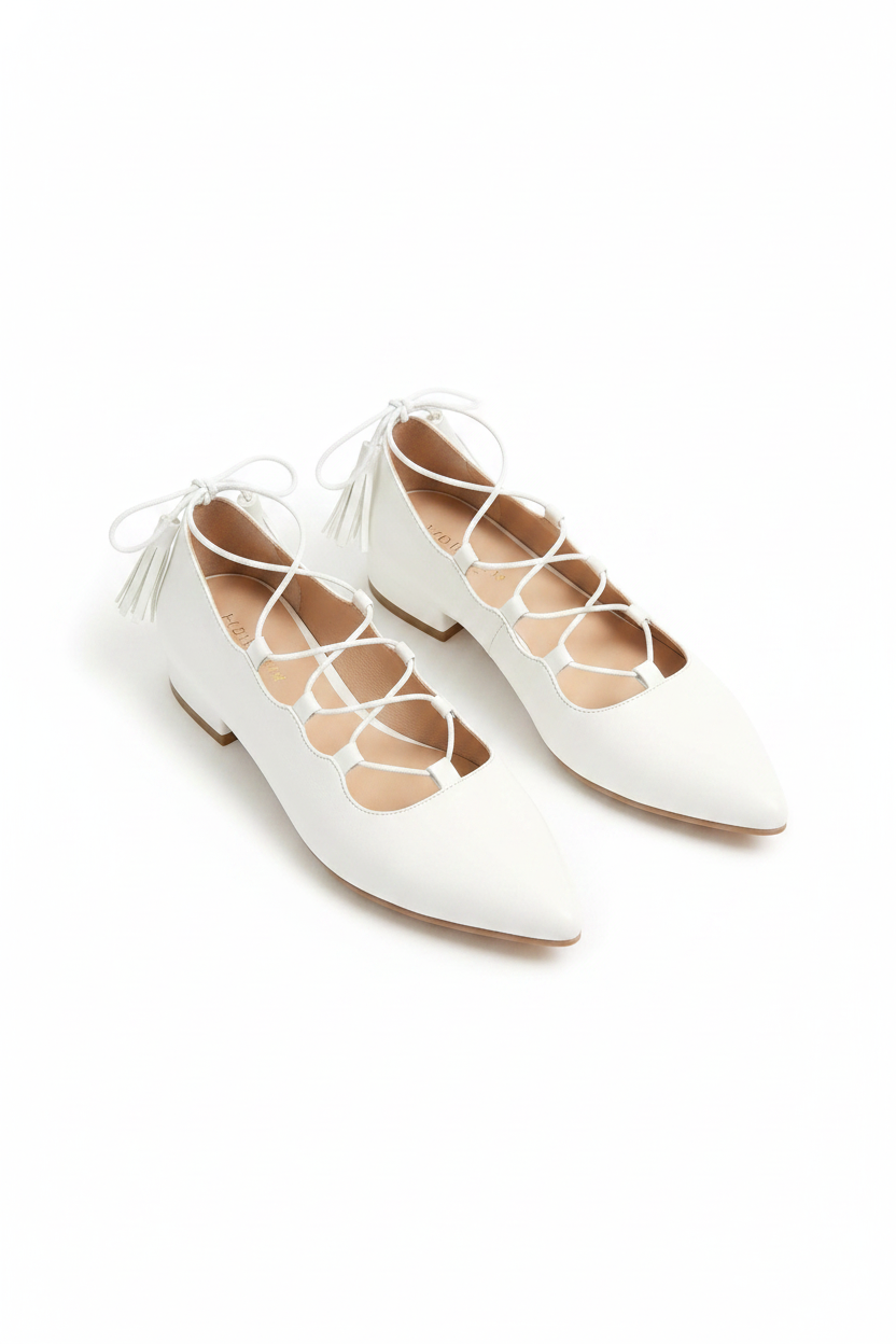 Leather Pointed-Toe Lace-Up Ballet Flats