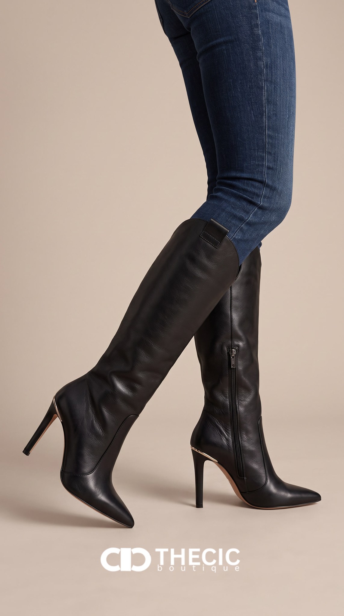 Leather Pointed-Toe Stiletto Heel Boots