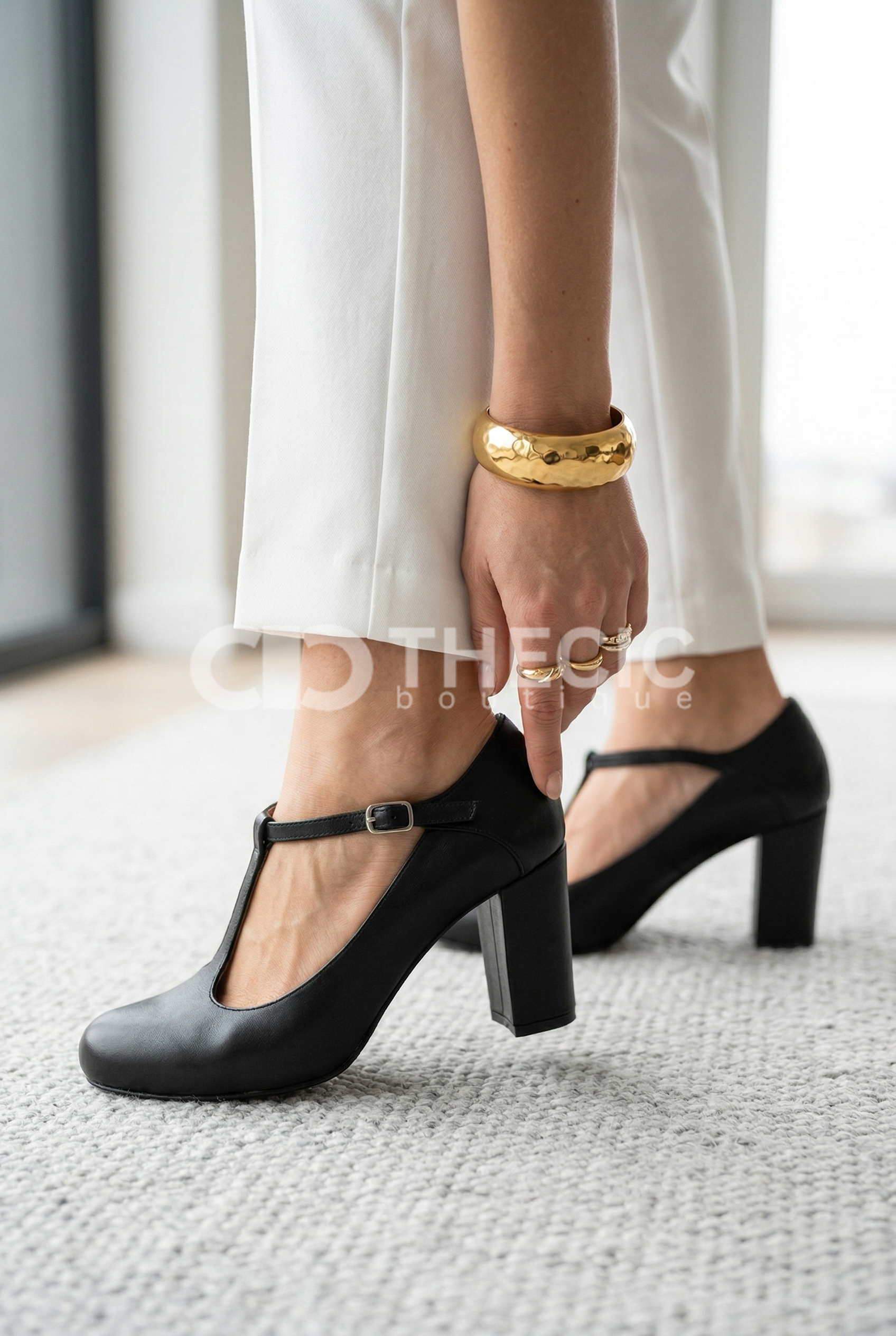 Leather T-Strap Round-Toe Block Heel Pumps