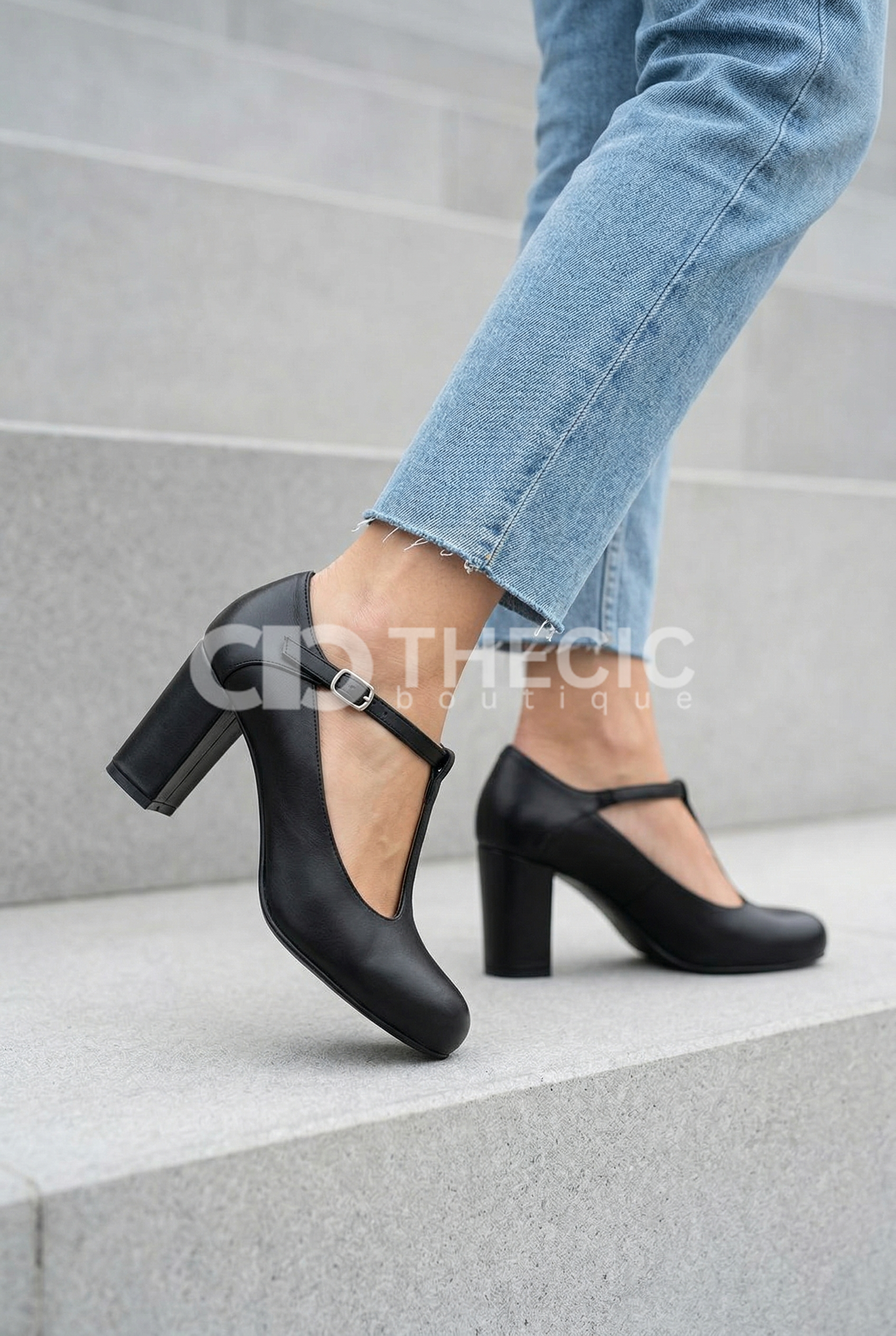 Leather T-Strap Round-Toe Block Heel Pumps