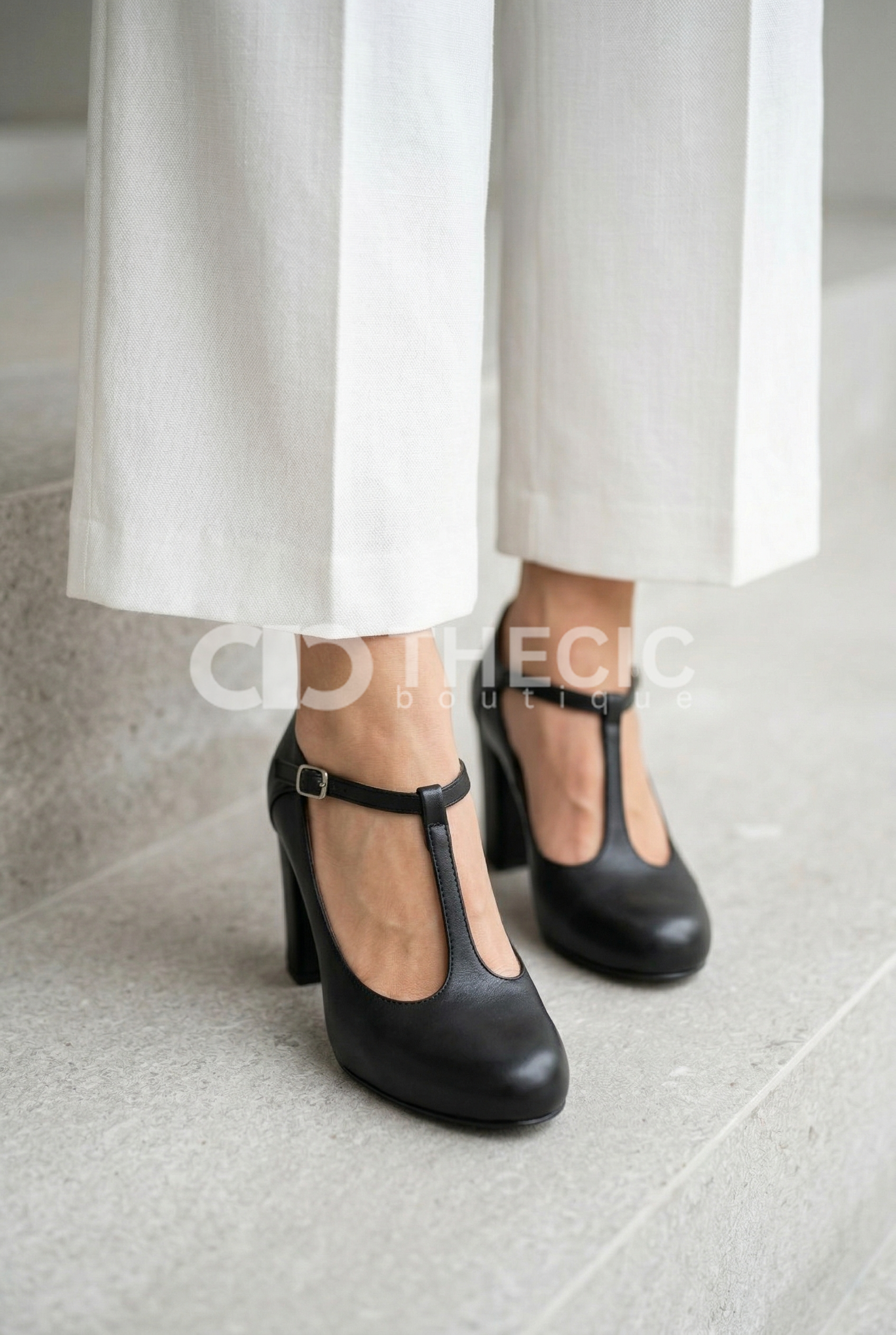 Leather T-Strap Round-Toe Block Heel Pumps