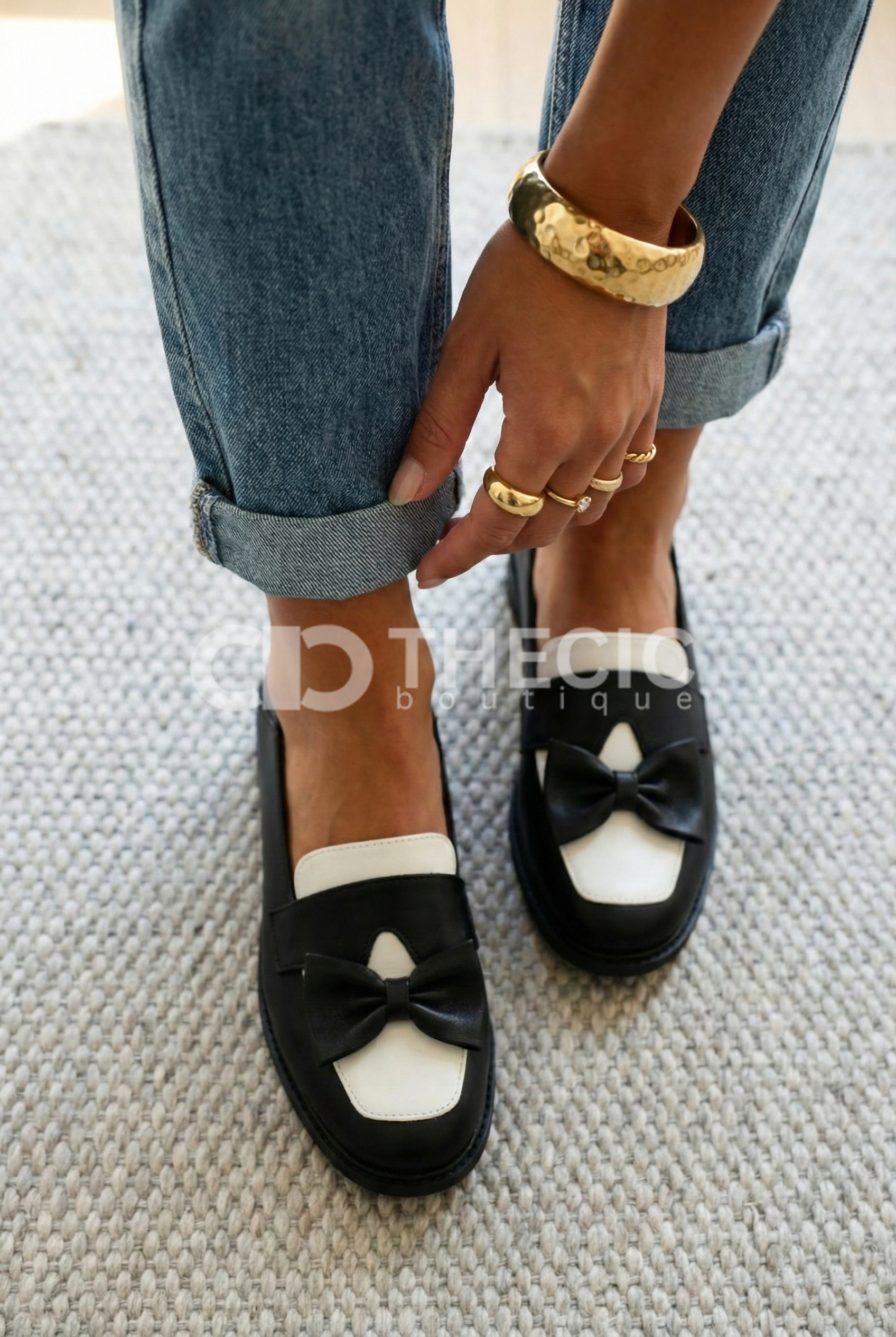 Leather Two-Tone Bow Detail Loafers