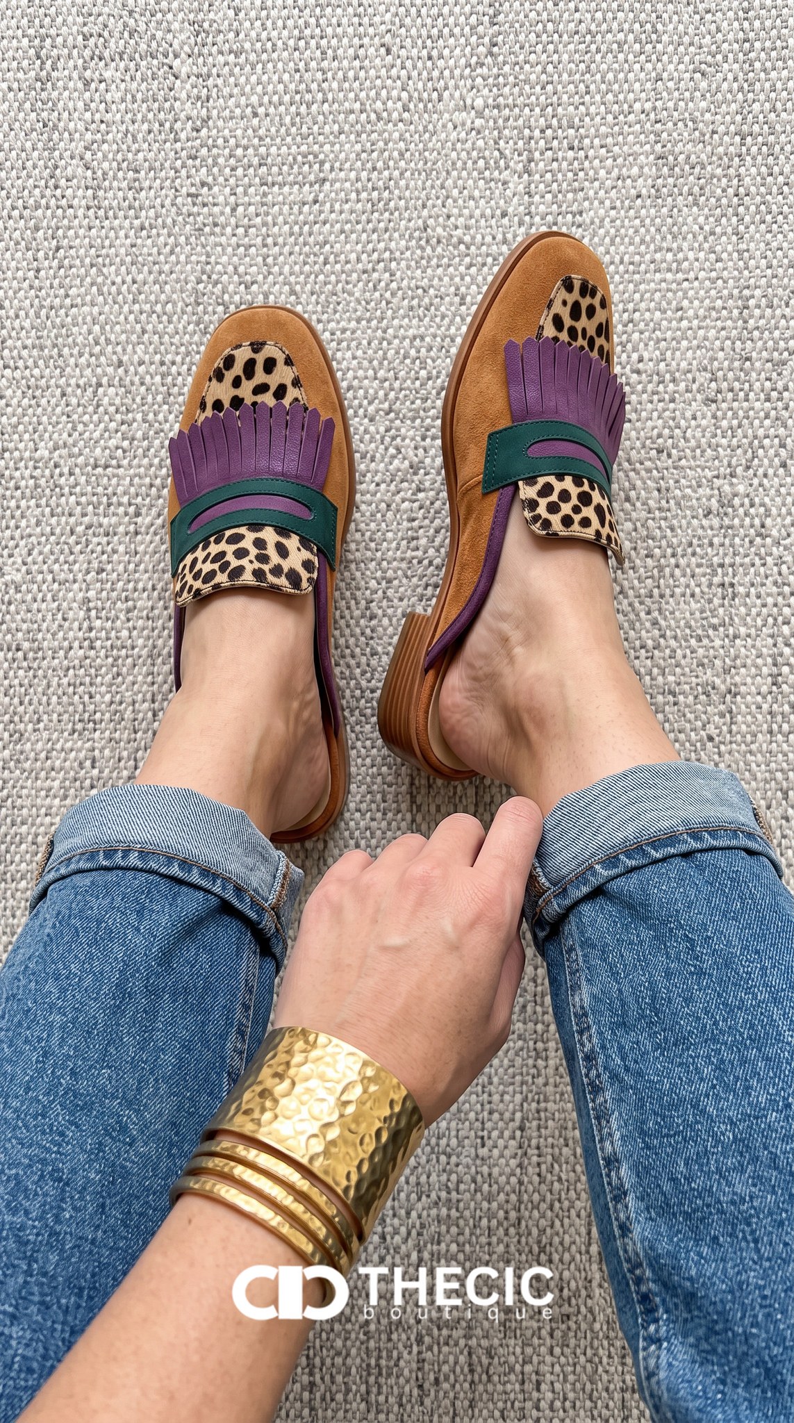 Leopard Accent Fringe Square-Toe Block Heel Mules