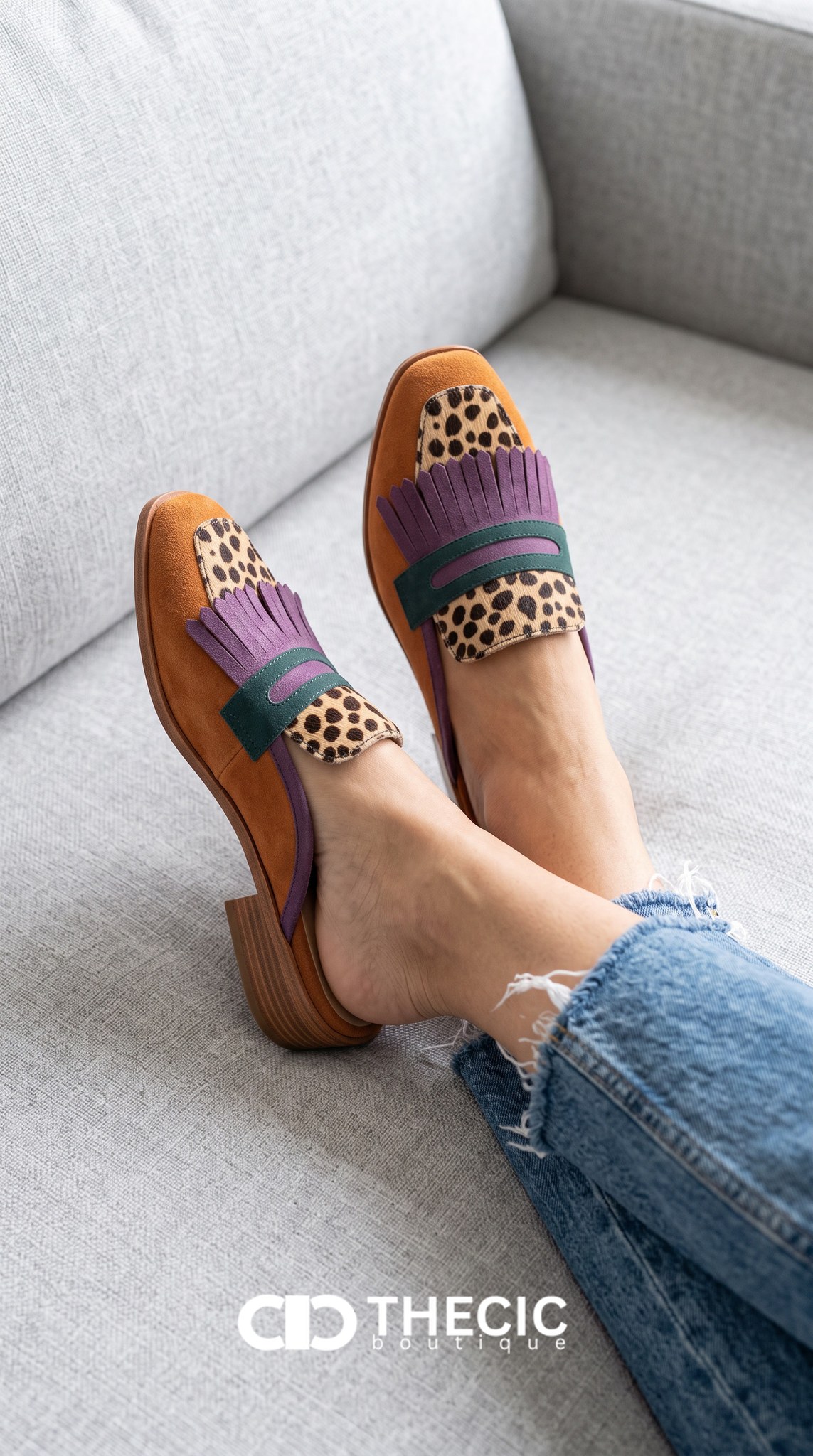 Leopard Accent Fringe Square-Toe Block Heel Mules