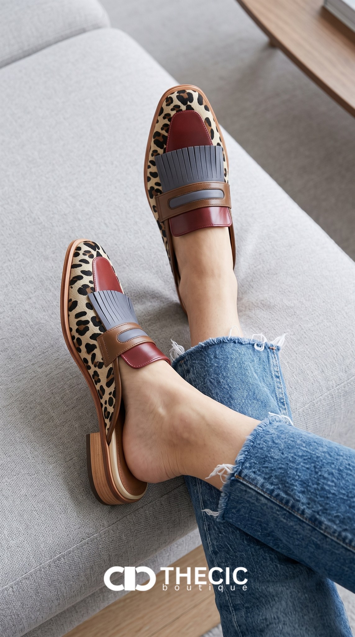Leopard Accent Fringe Square-Toe Block Heel Mules