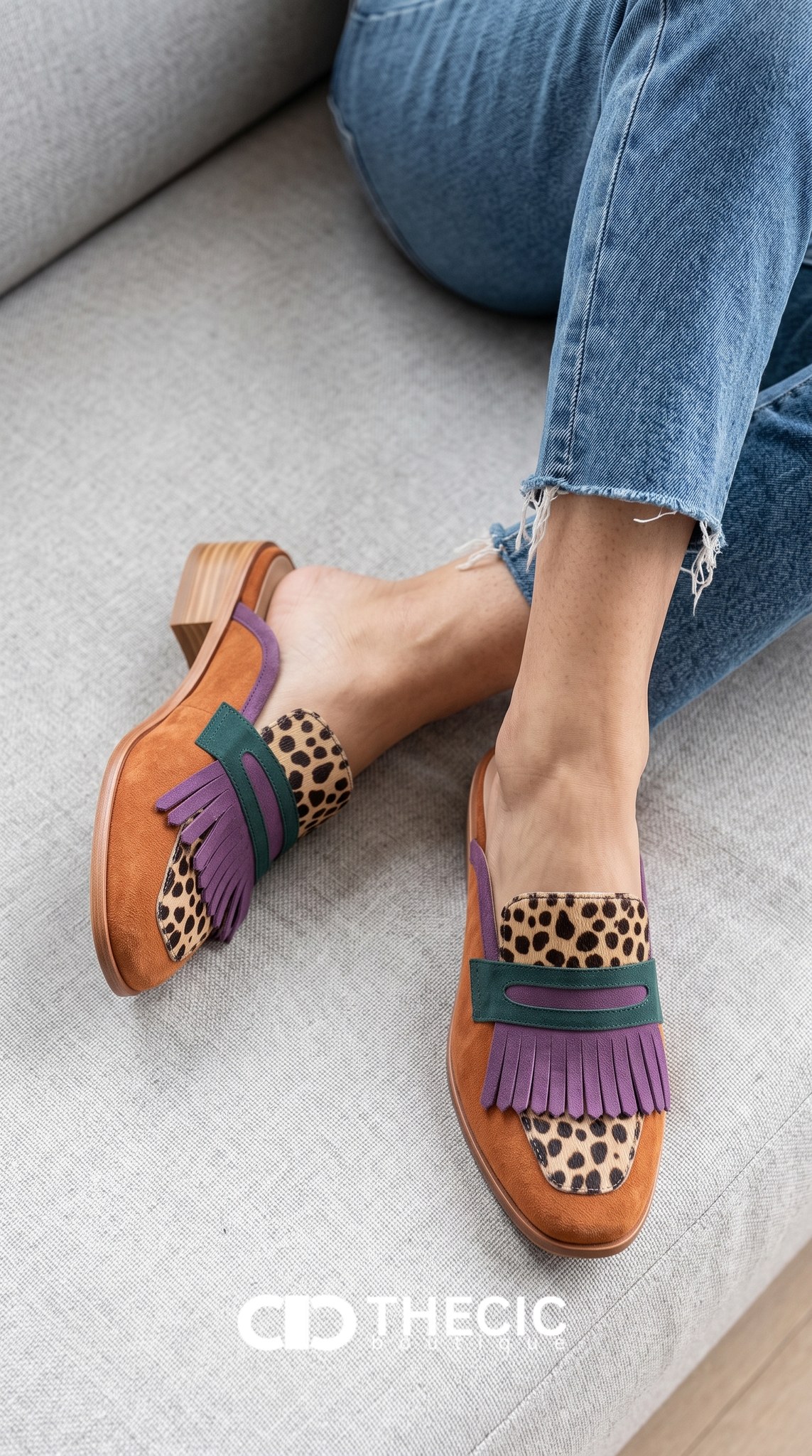 Leopard Accent Fringe Square-Toe Block Heel Mules