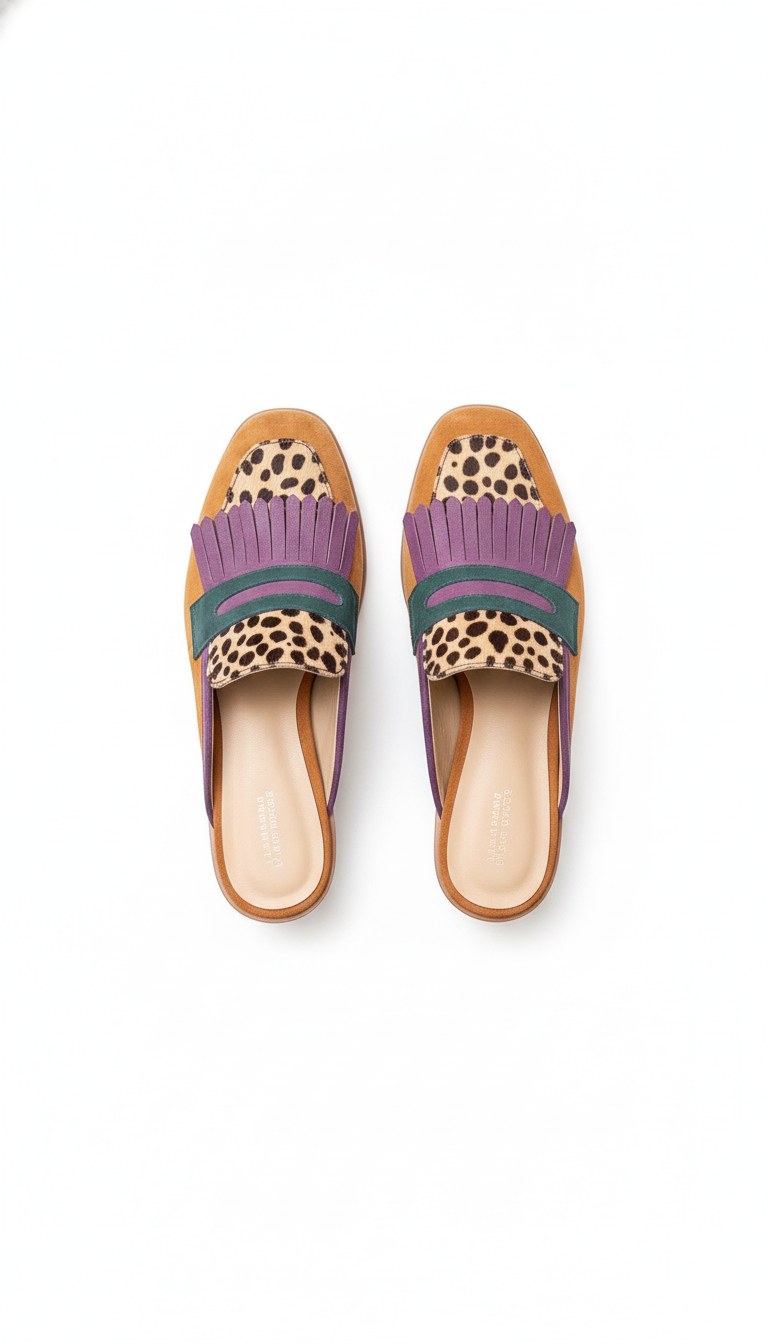 Leopard Accent Fringe Square-Toe Block Heel Mules