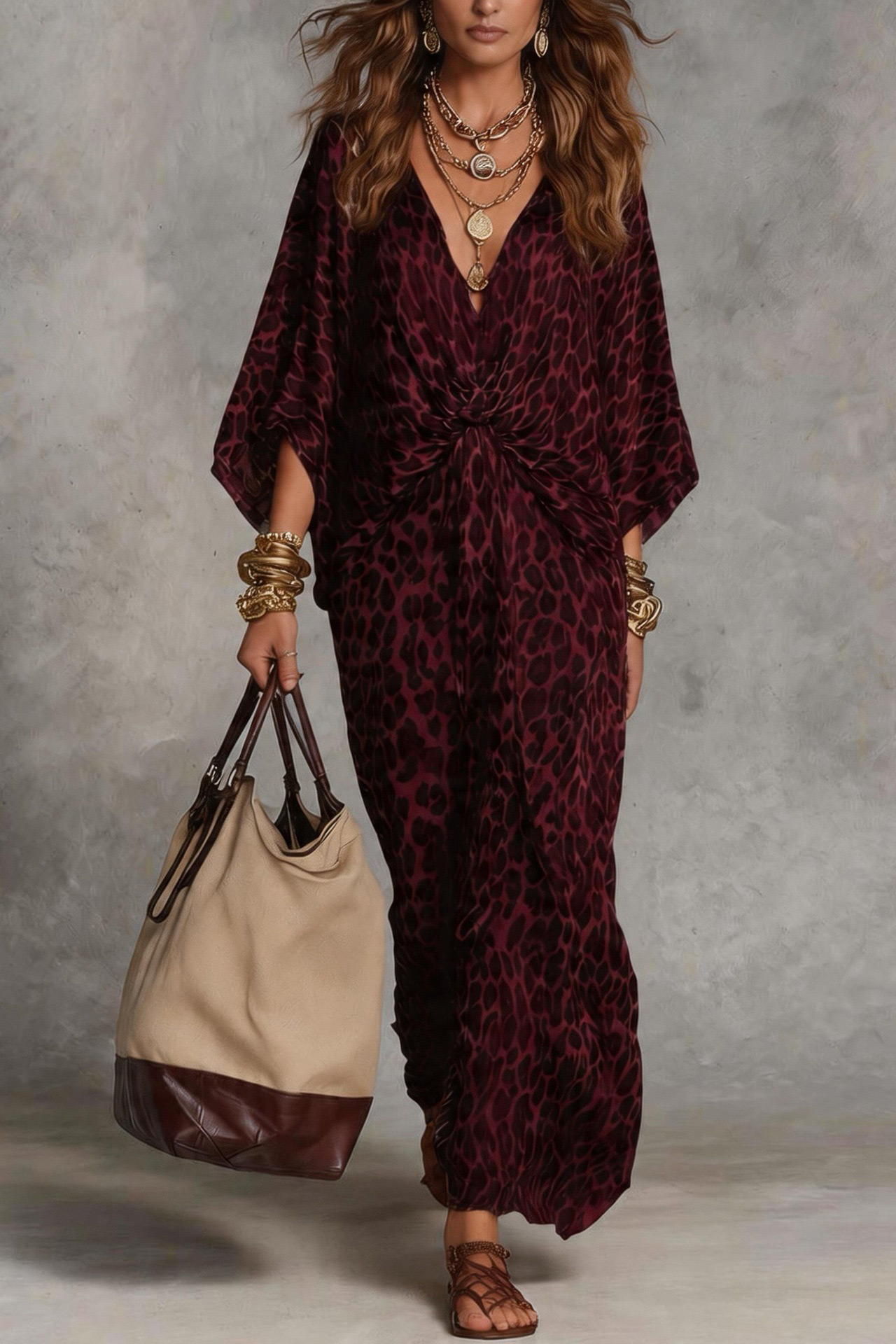 Leopard Print Batwing Sleeve Twist-Front Maxi Dress
