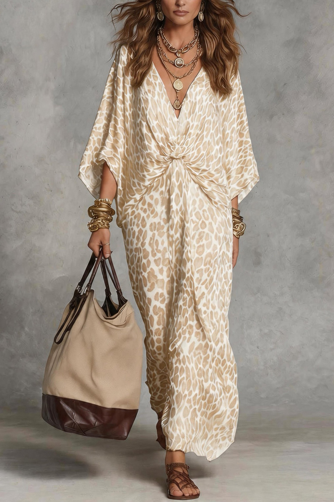 Leopard Print Batwing Sleeve Twist-Front Maxi Dress