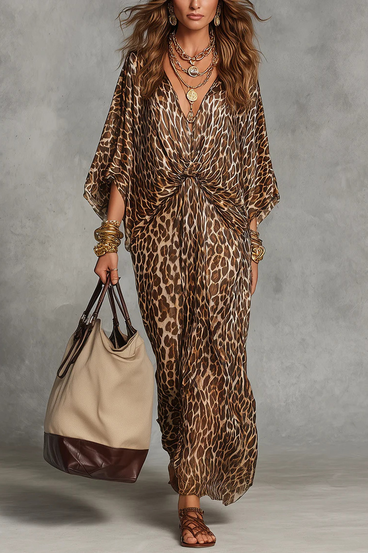 Leopard Print Batwing Sleeve Twist-Front Maxi Dress