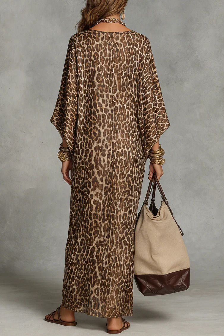 Leopard Print Batwing Sleeve Twist-Front Maxi Dress