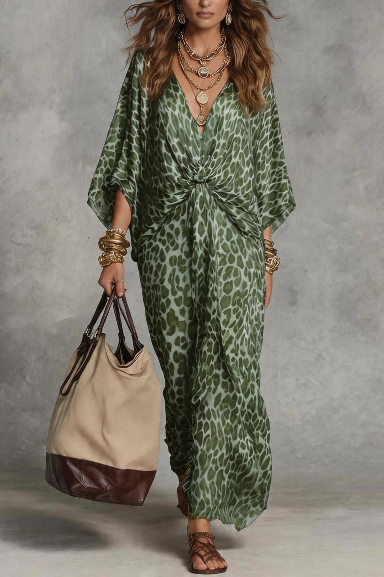 Leopard Print Batwing Sleeve Twist-Front Maxi Dress