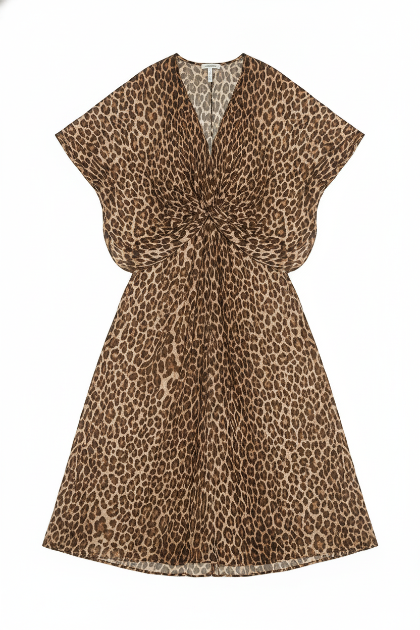 Leopard Print Batwing Sleeve Twist-Front Maxi Dress