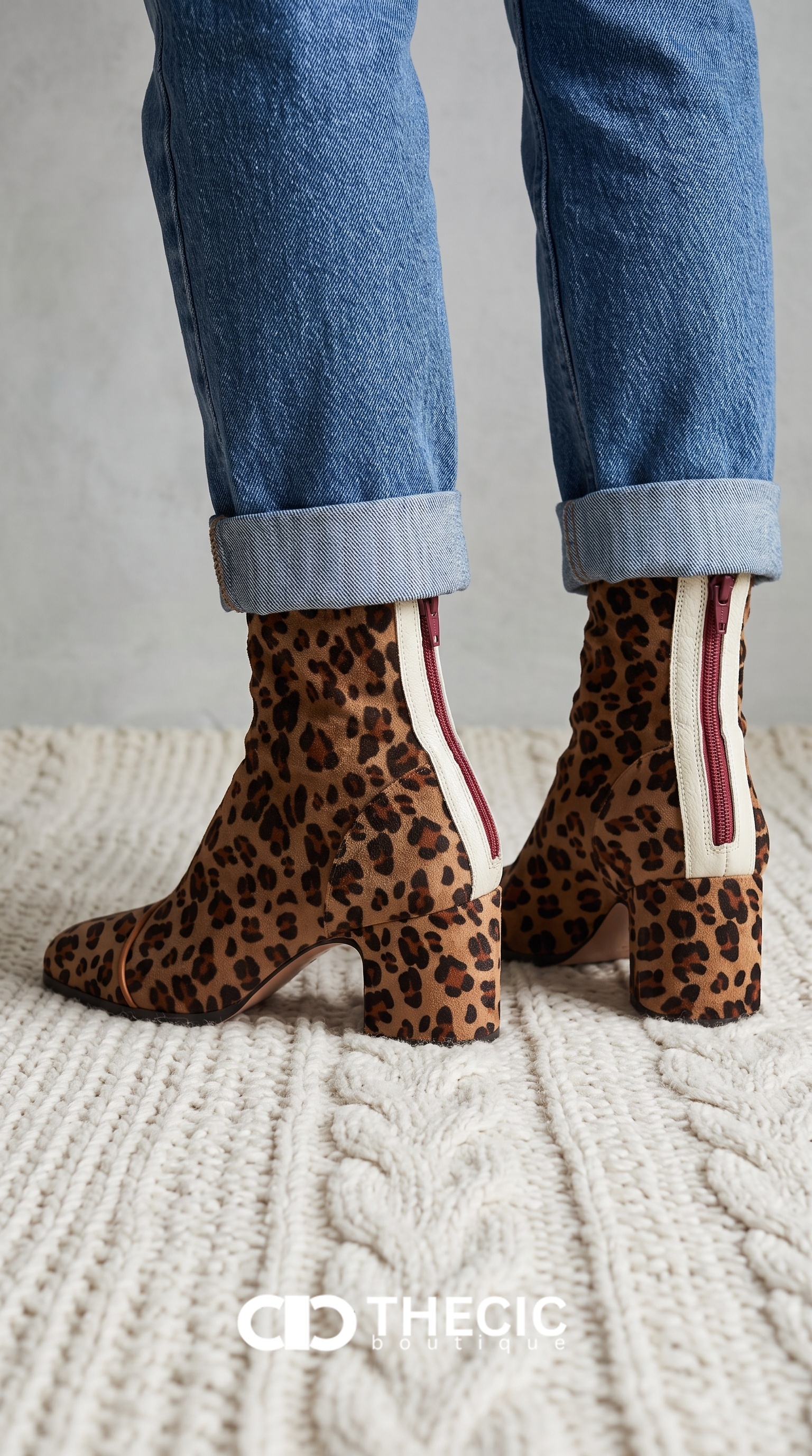 Leopard Print Block Heel Back Zipper Ankle Boots