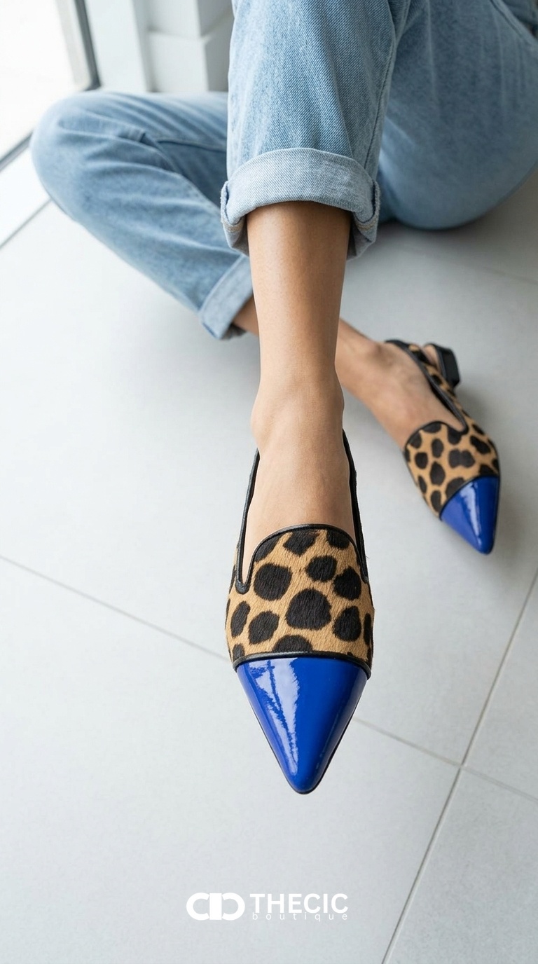 Leopard Print Blue Pointed-Toe Slingback Loafers