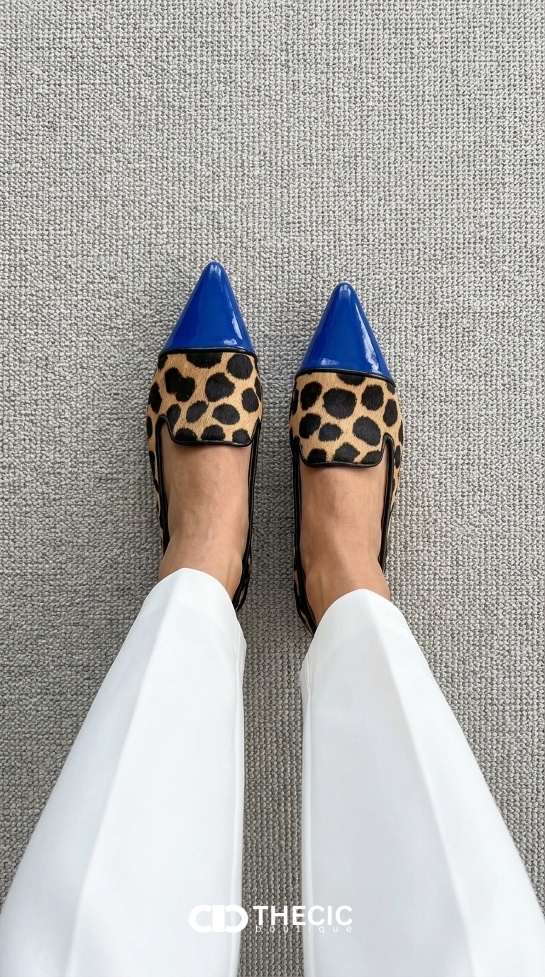 Leopard Print Blue Pointed-Toe Slingback Loafers