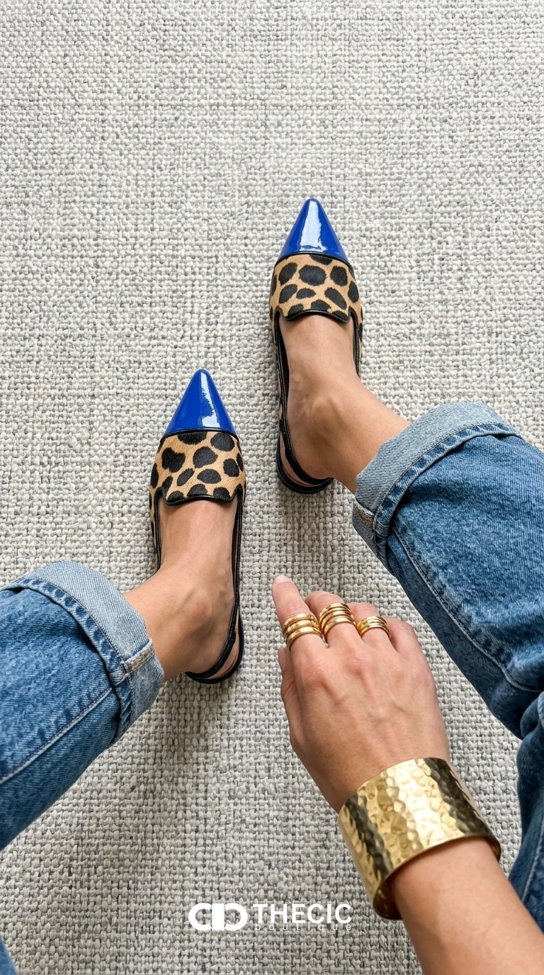 Leopard Print Blue Pointed-Toe Slingback Loafers