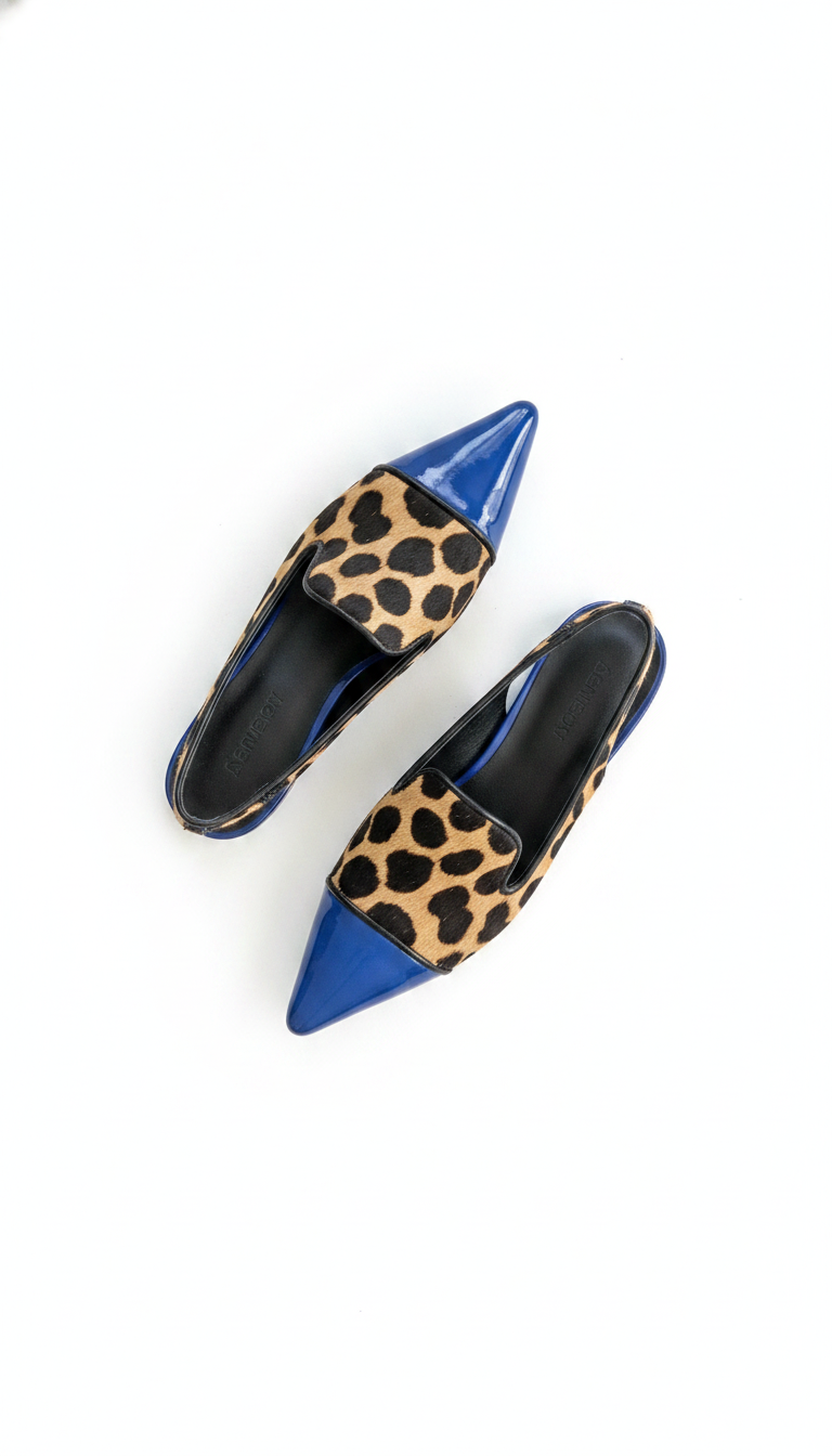 Leopard Print Blue Pointed-Toe Slingback Loafers