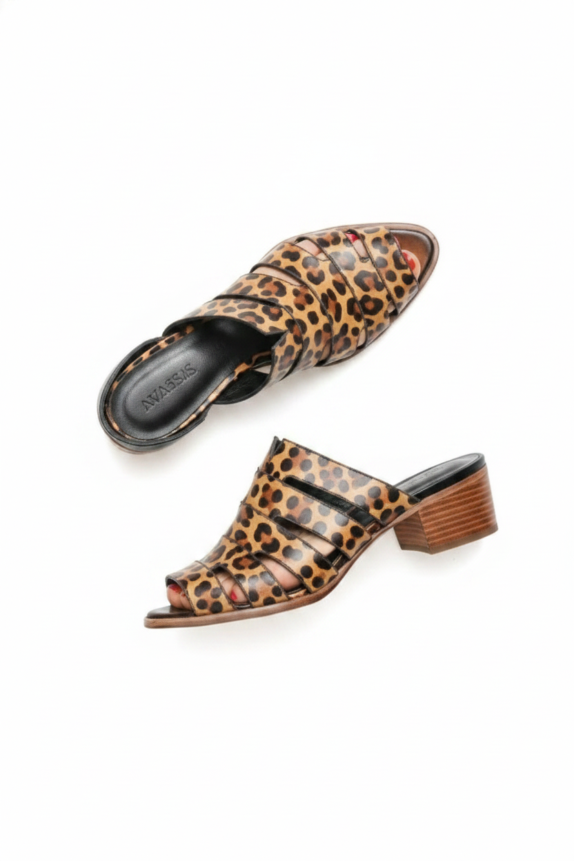 Leopard Print Caged Open-Toe Block Heel Mules