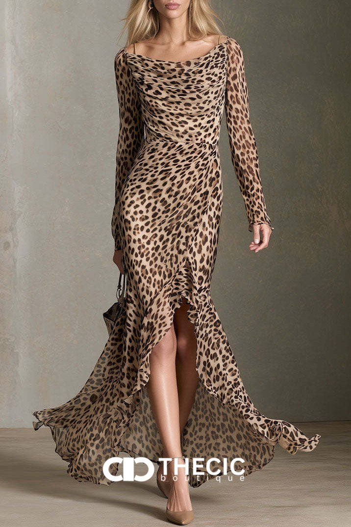Leopard Print Cowl Neck Ruffled Maxi Dress