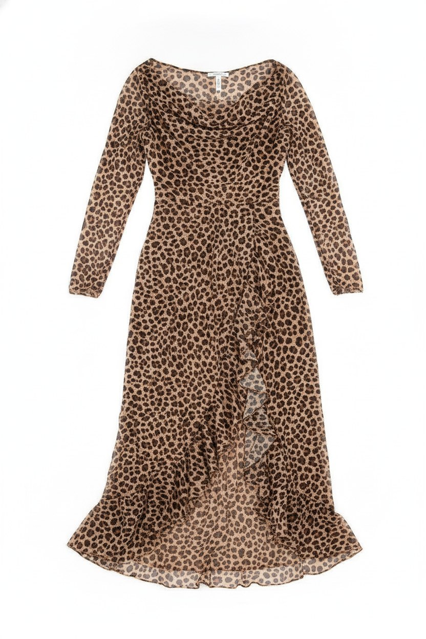 Leopard Print Cowl Neck Ruffled Maxi Dress
