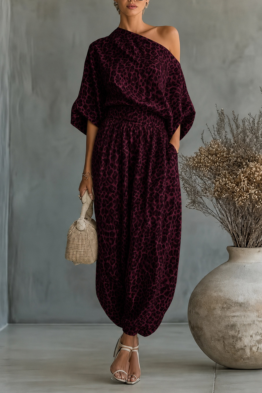 Leopard Print One-Shoulder Balloon Pants Set