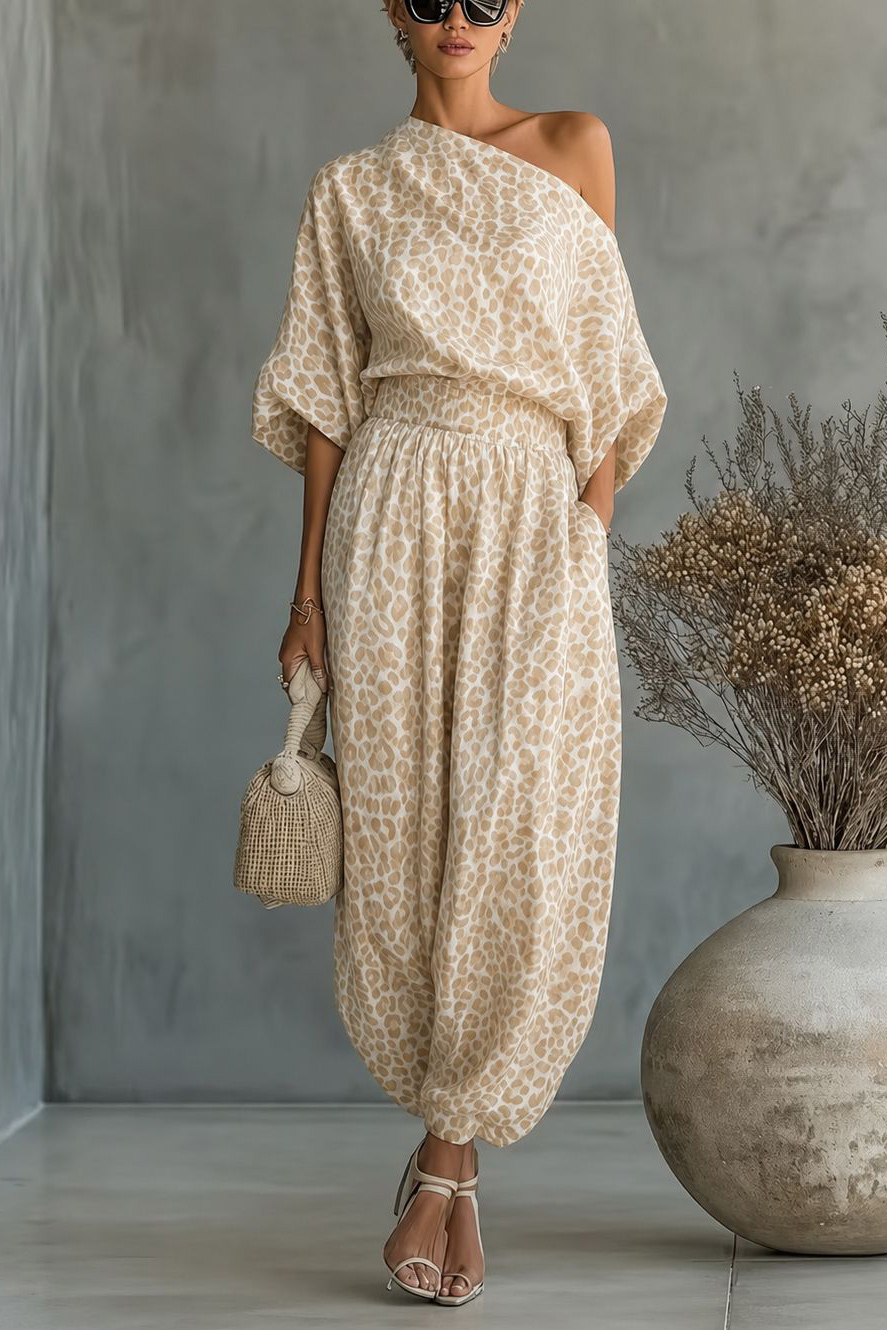 Leopard Print One-Shoulder Balloon Pants Set