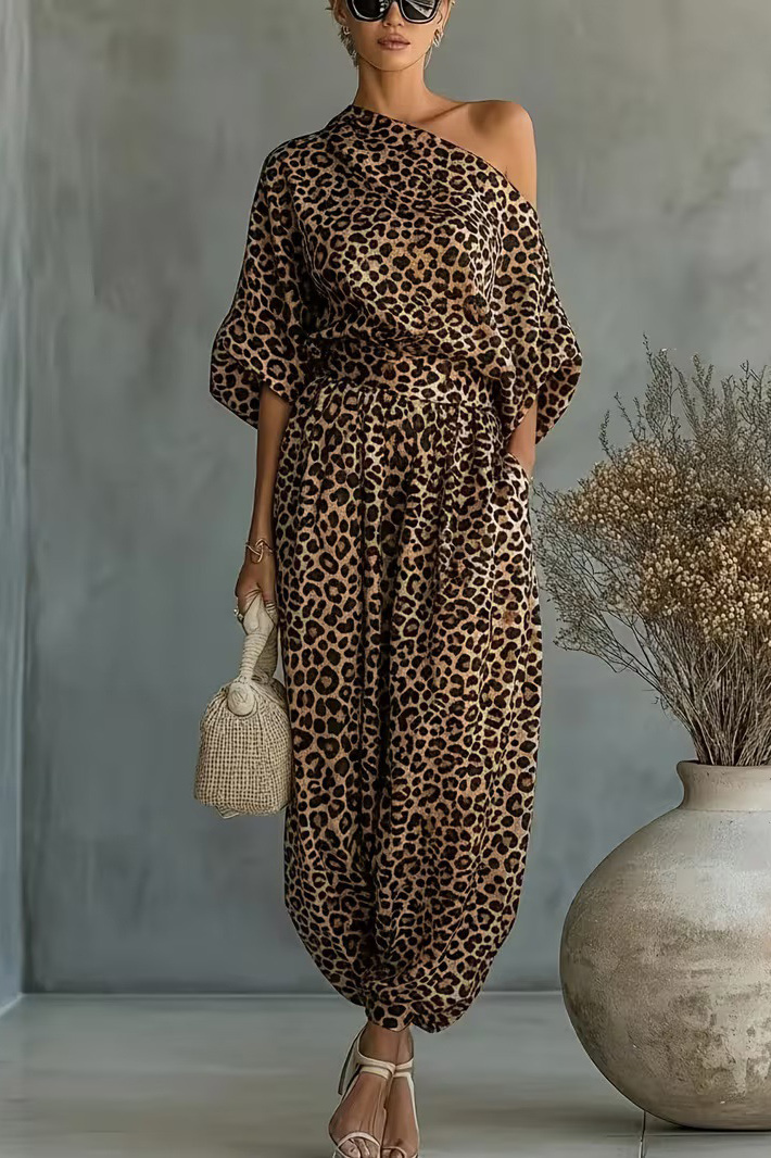 Leopard Print One-Shoulder Balloon Pants Set