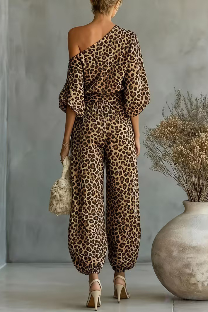 Leopard Print One-Shoulder Balloon Pants Set