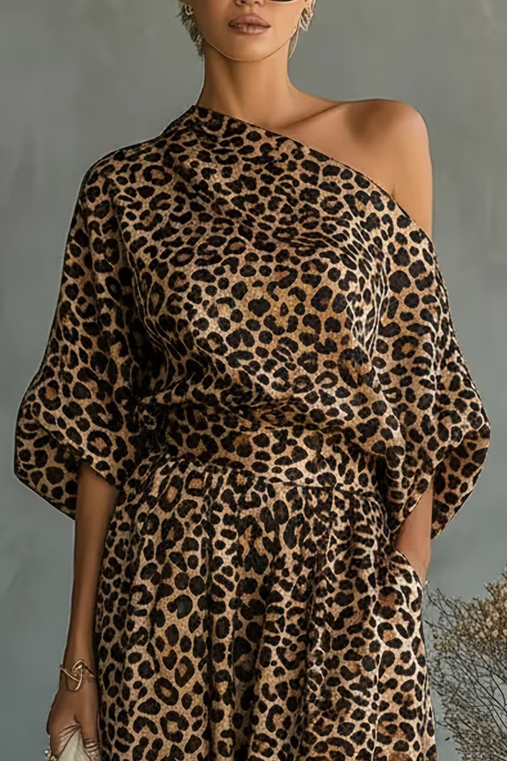 Leopard Print One-Shoulder Balloon Pants Set