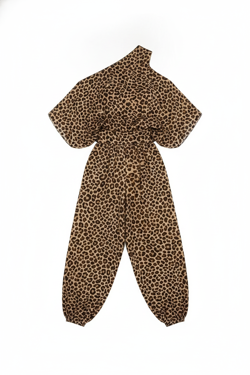 Leopard Print One-Shoulder Balloon Pants Set