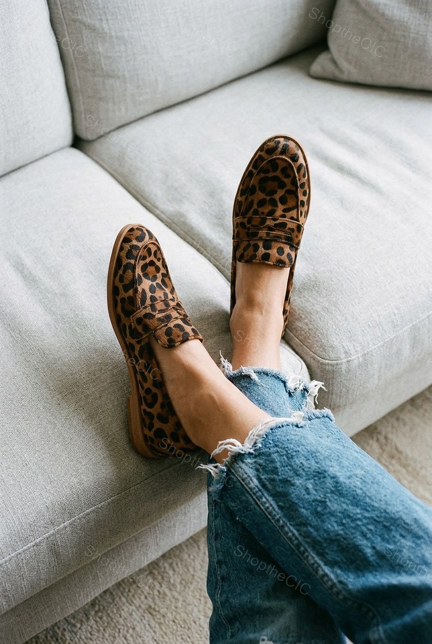 Leopard Print Penny Strap Low Heel Loafers