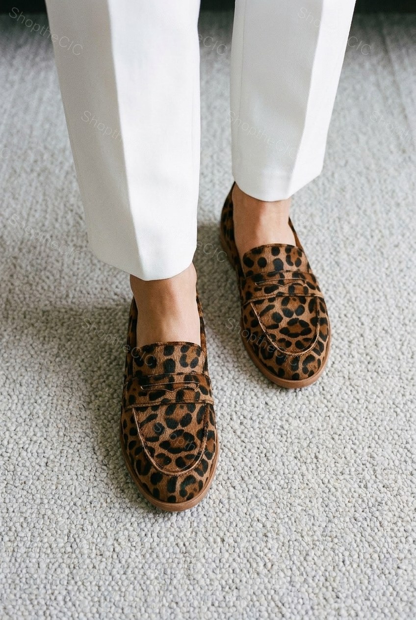 Leopard Print Penny Strap Low Heel Loafers