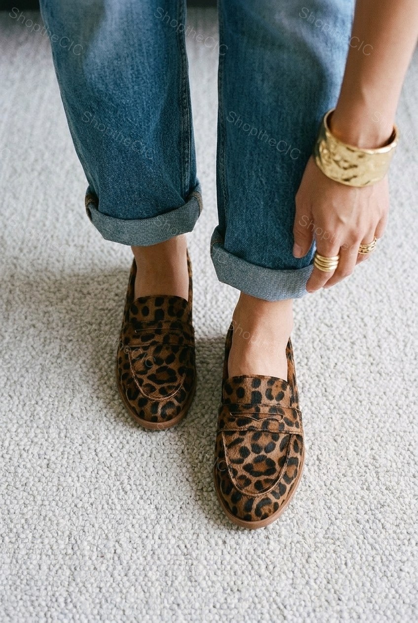 Leopard Print Penny Strap Low Heel Loafers