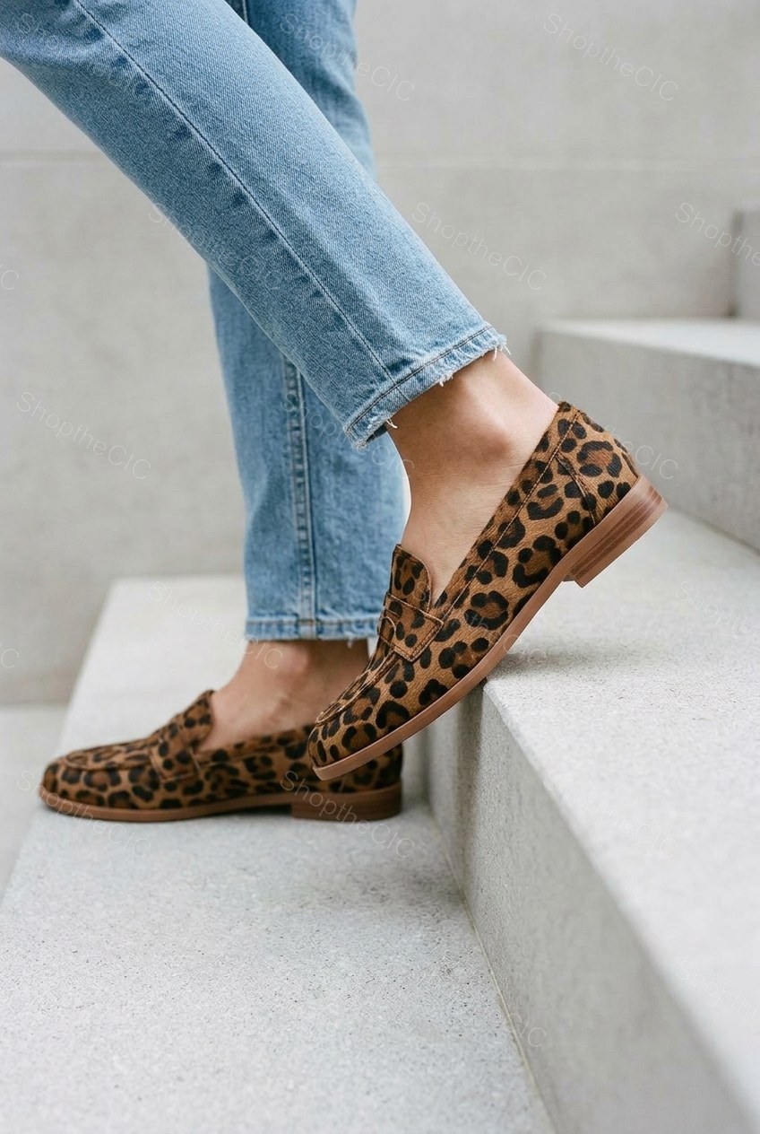 Leopard Print Penny Strap Low Heel Loafers