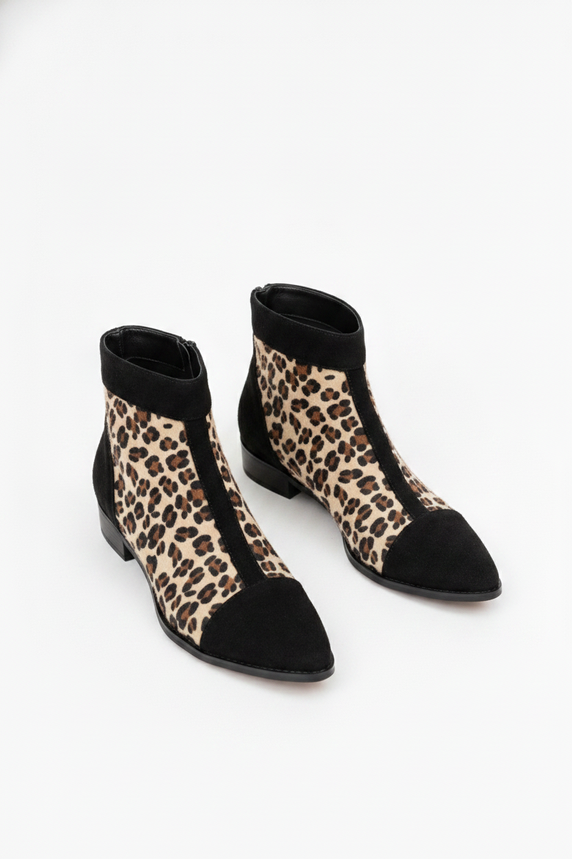 Leopard Print Pointed Toe Block Heel Ankle Boots