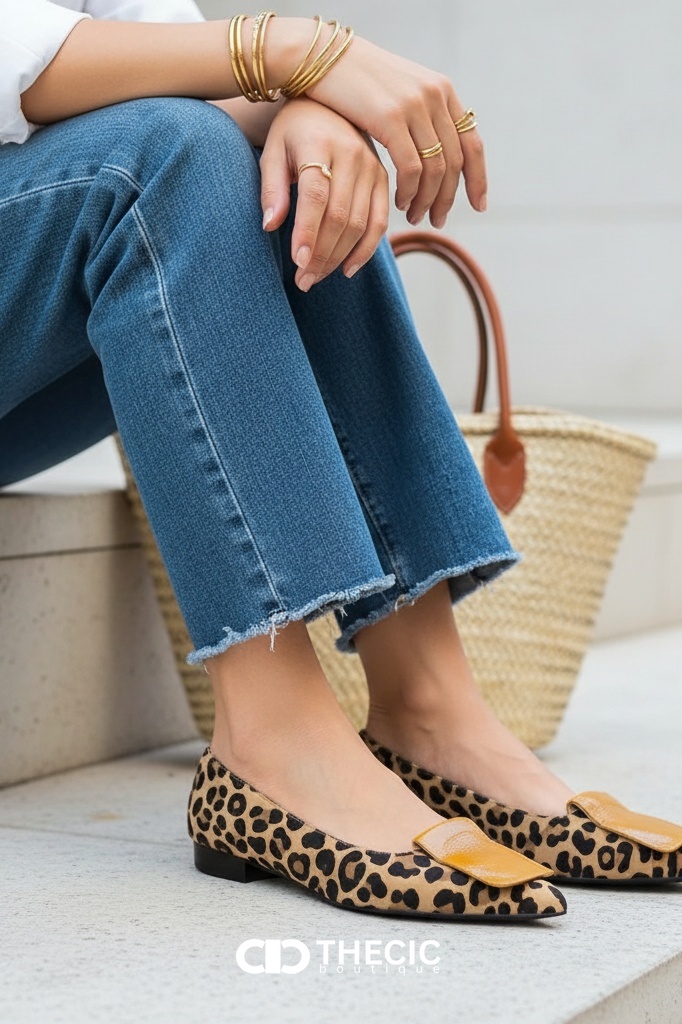 Leopard Print Pointed-Toe Buckle Ballet Flats