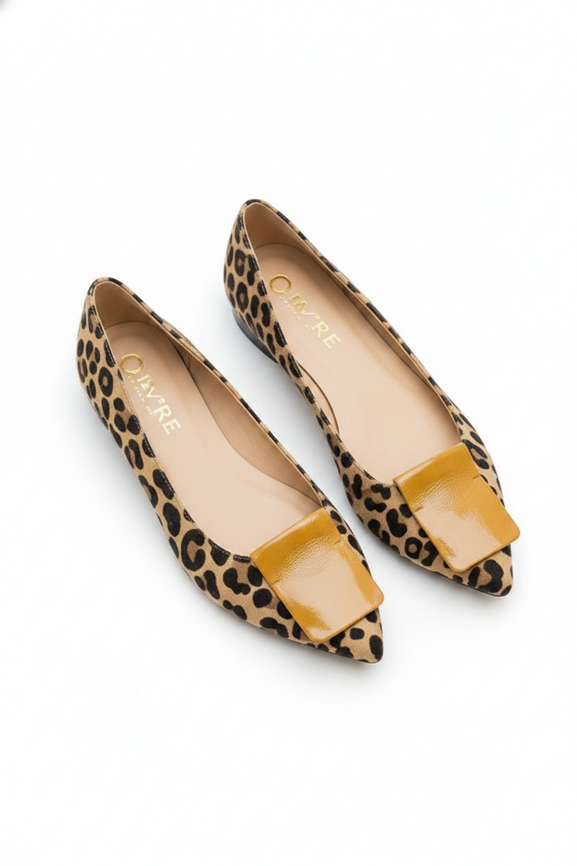 Leopard Print Pointed-Toe Buckle Ballet Flats
